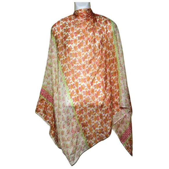 Rock Paper Flower Sheer Silk Rectangular Scarf Floral Women's Green White Orange - Picture 1 of 1